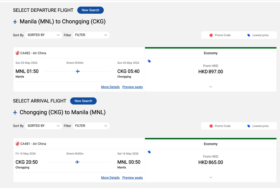 Air China Booking for Chongqing